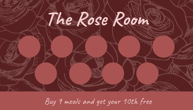 Elegant loyalty card featuring a rose-themed backdrop with spaces for stamps. Perfect for restaurants or cafes looking to promote customer loyalty with an enticing 'Buy 9 meals and get your 10th free' offer. Encourages repeat business and customer engagement.