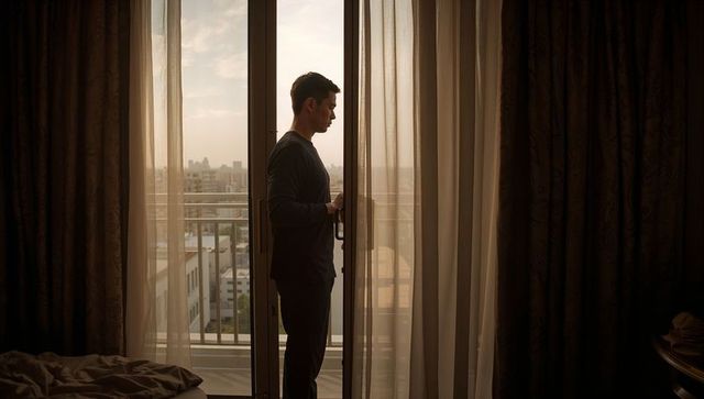 Silhouetted man standing at balcony door looking over urban skyline at sunrise