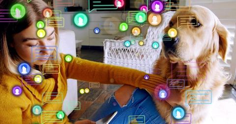 Young woman petting golden retriever while browsing smartphone with social chat overlays