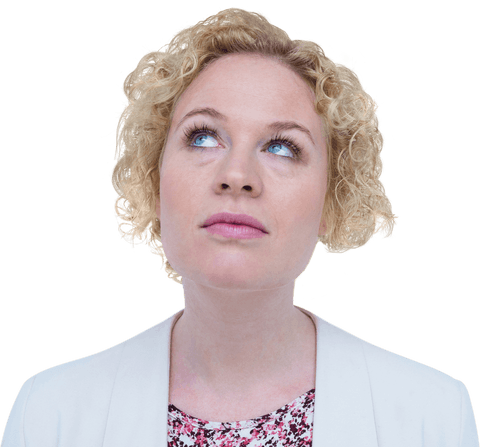 Transparent Thoughtful Blonde Woman Looking Upward