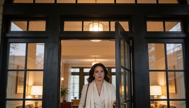 Entering warm foyer wearing light coat and scarf while holding glass-paneled door and shoulder bag