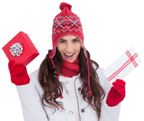 Festive Brunette in Winter Clothes Holding Transparent Gifts Holiday Concept