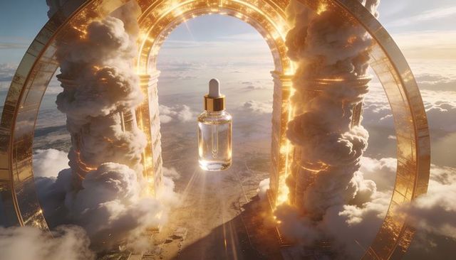 Floating glass dropper bottle with gold collar above luminous golden arch and clouds