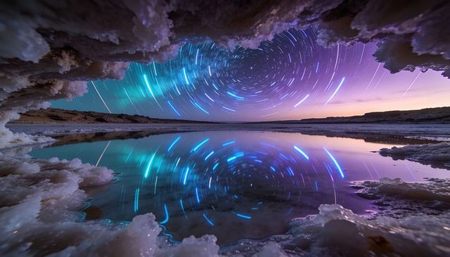 Swirling star trails reflecting in saline basin beneath crystalline salt overhang at twilight
