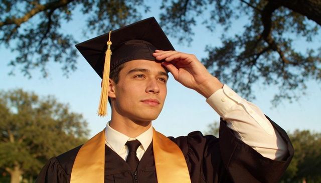 Young graduate adjusting mortarboard during outdoor commencement wearing gold stole