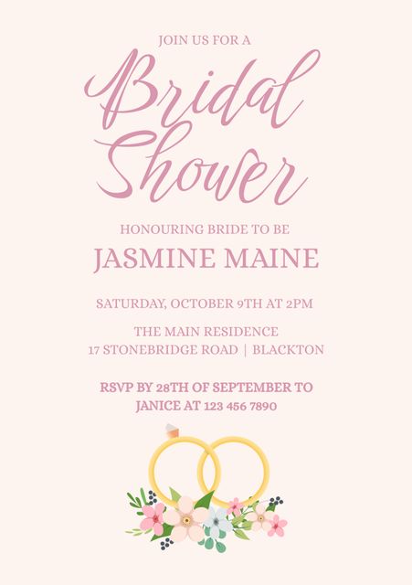 Elegant invitation featuring pink text on a white background, ideal for bridal showers. Includes floral motifs and wedding rings, making it perfect for wedding-related events. Can be used to invite guests to a bridal shower, engagement party, or pre-wedding gathering.
