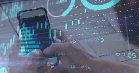 Person Using Smartphone with Financial Data Holograms