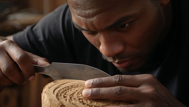 Focused woodworker carving intricate circular pattern with knife on round wood block