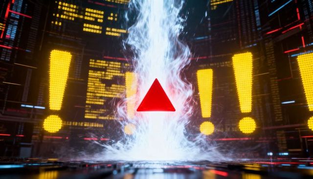 Hovering red triangle over rising plasma column in neon core with pulsing yellow alerts