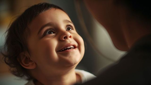 Smiling toddler gazing up at caregiver in warm window light close-up portrait of joyful bond