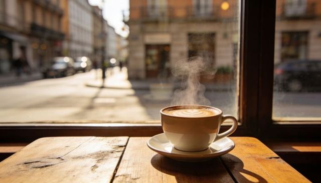 Steaming latte with heart latte art on worn wooden table by sunlit cozy urban cafe window