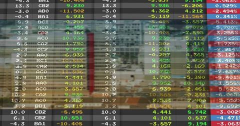Overlaying Stock Ticker Grid on Downtown Street Showing Traffic and Pedestrians