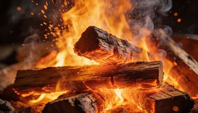 Crackling split logs burning with glowing embers and flying sparks at night