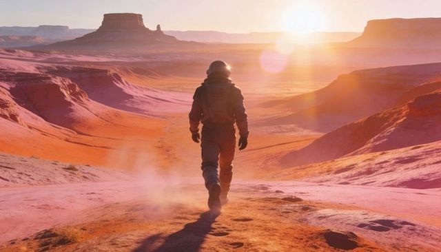 Helmeted astronaut walking across mars-like red canyon at sunset leaving dusty footprints