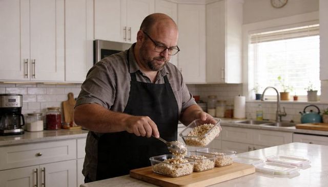 Chef Portioning Weekly Meal Prep into Glass Containers on Modern Farmhouse Kitchen Island