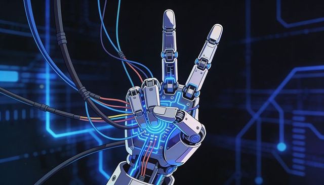 Robotic hand with glowing circuit palm and connected cables in futuristic neon tech interface