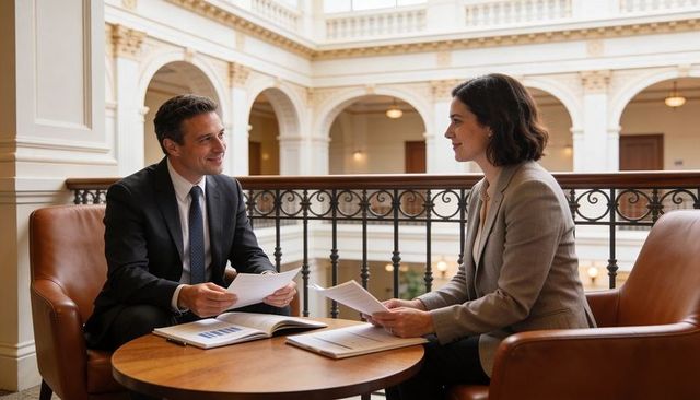 Executives reviewing documents and collaborating at round table in classical office atrium