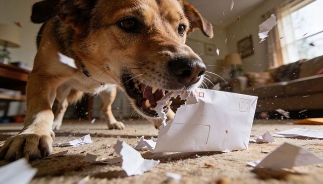 Close-up brown dog chewing and tearing envelope on living room carpet in playful chaos