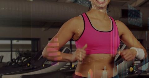 Jogging on treadmill in pink sports bra with fitness data overlay tracking performance