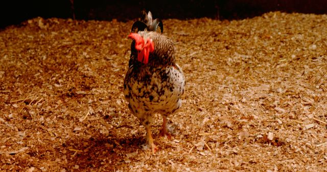 A speckled hen with a prominent red comb is seen strutting across a bed of wood chips. Capturing the essence of farm life, the image showcases the poultry in its natural environment.