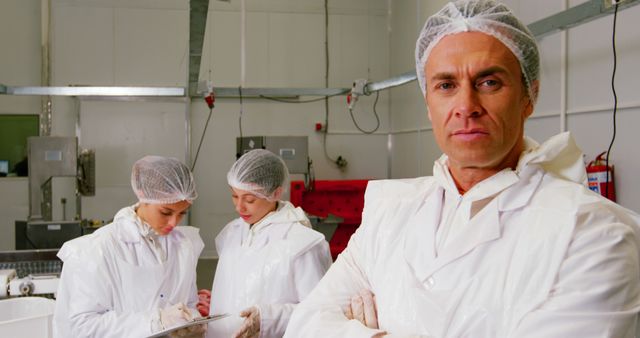 Scientist supervising laboratory staff in cleanroom. Perfect for illustrating themes of science, research, and workplace hygiene. Suitable for use in articles about scientific research, professional lab environments, or teamwork in medical and scientific settings.