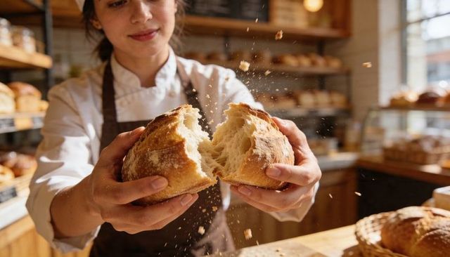 Artisan baker breaking crusty round loaf with flour dust and crumbs in rustic bakery