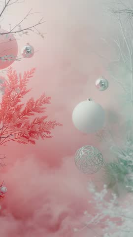 Drifting ornaments and frosted twigs in pastel pink mist holiday vertical video