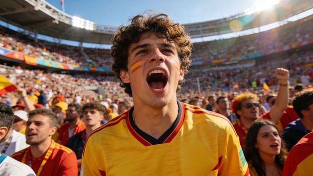 Young fan cheering in red-and-yellow jersey with face paint at packed stadium