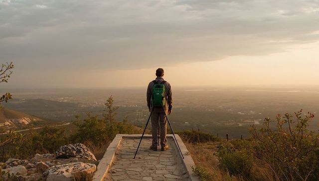 Hiker with green backpack using tripod on golden hour overlook above expansive valley