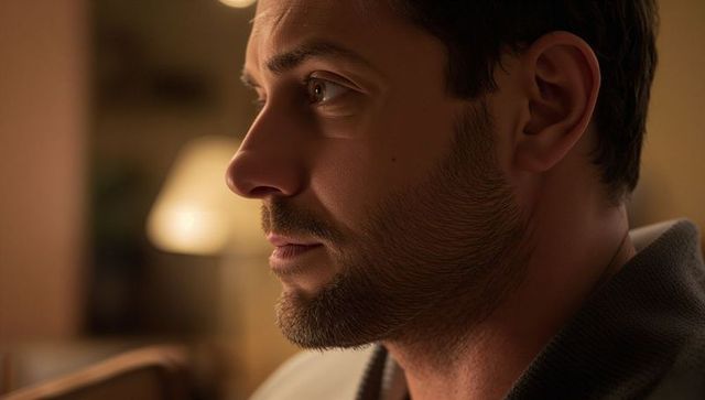 Contemplative Man with Trimmed Beard in Warm Living Room Light, Intimate Profile Portrait