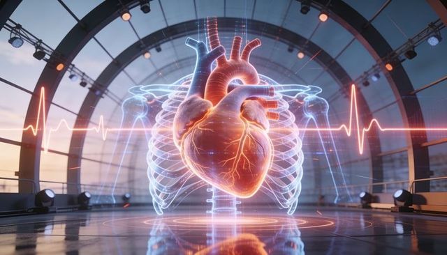Holographic heart and ribcage visualizing ecg waveform in futuristic medical tech lab
