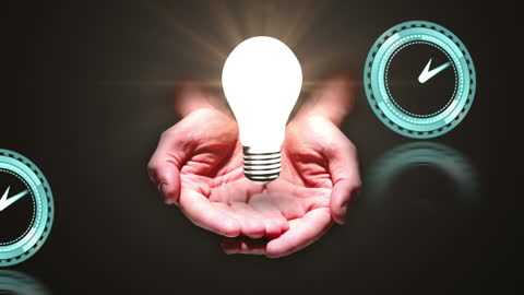 Hands Holding Lightbulb with Digital Clock Interface Overlay