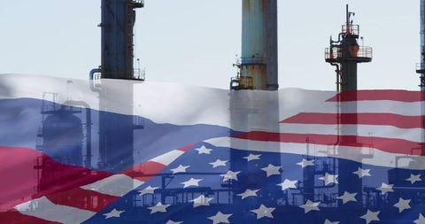 usa and russia flags overlaid on oil refinery silhouette - Download Free Stock Images Pikwizard.com