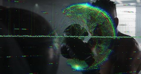 Neon glitch boxer training with heavy bag silhouette and digital data globe overlay