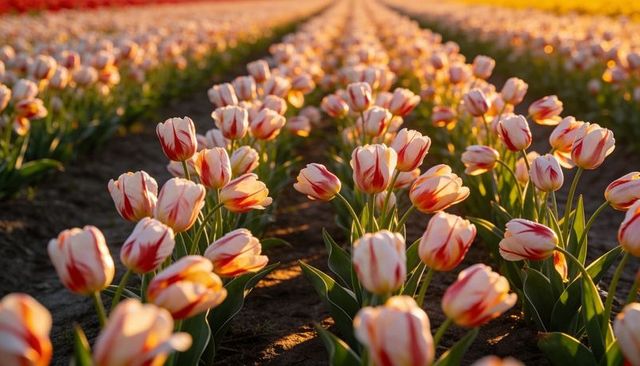 Sunlit pink-and-white tulip field bathing in golden hour light with red-streaked blooms