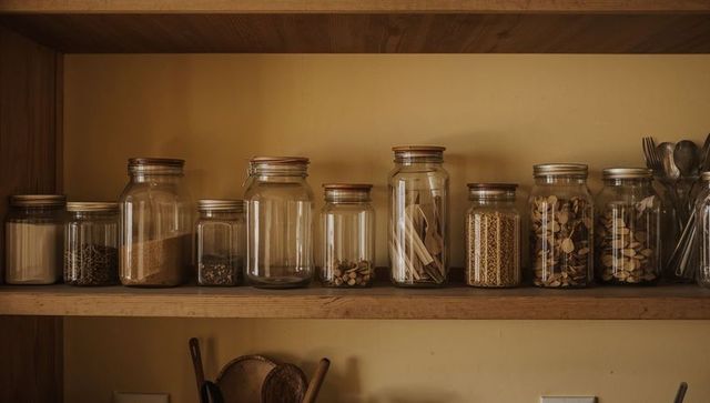 Organizing glass pantry jars on rustic wooden shelf for warm minimalist kitchen storage
