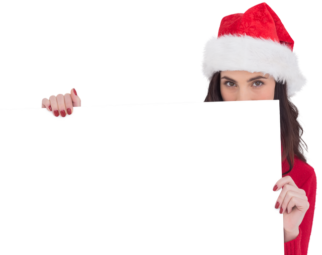 Beauty Brunette in Santa Hat Holding Blank White Poster Transparent Background - Download Free Stock Videos Pikwizard.com