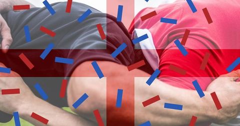 Rugby players with england flag and confetti background