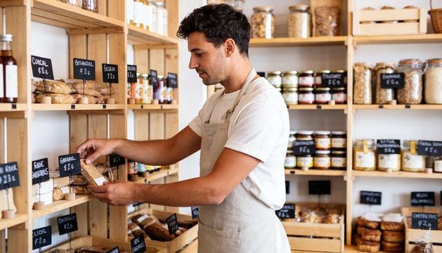 Young shop assistant arranging packaged goods on wooden shelving in artisanal grocery