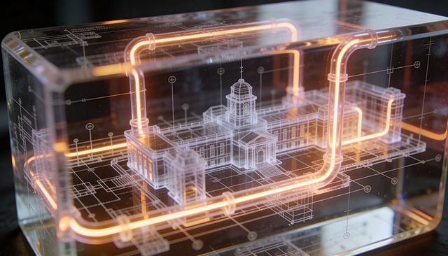 Crystal acrylic block engraving of 3d domed structure wireframe with amber neon tubing