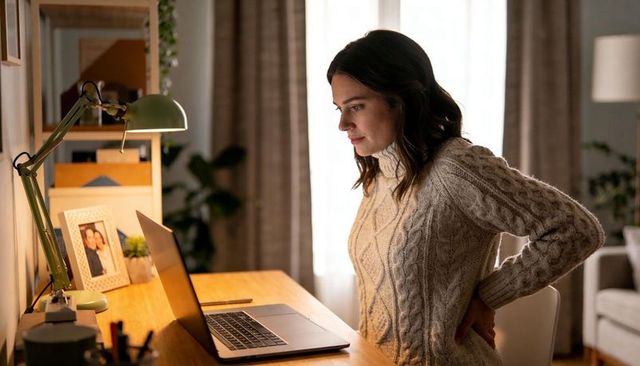 Cozy remote working woman leaning over laptop at home desk in cream cable-knit sweater