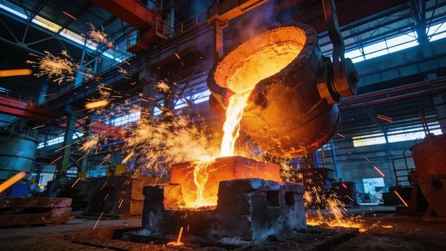 Pouring molten metal into mold in industrial foundry, sparks flying and glowing crucible
