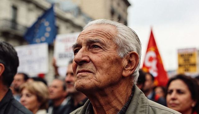 Elderly man gazing upward at protest rally with flags banners and determined crowd closeup
