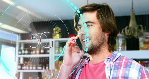 Man Talking on Smartphone with 5G Technology Overlay