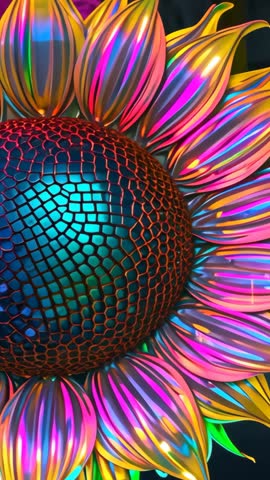 Rotating iridescent sunflower sculpture showcasing shifting neon hues and metallic texture