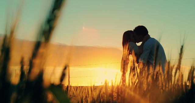 A young Caucasian couple shares a romantic moment in a field at sunset, with copy space. Their silhouettes against the warm sky create an intimate and serene atmosphere.