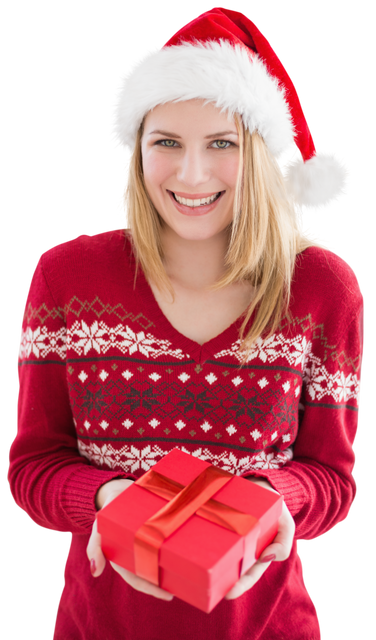 Smiling Woman in Santa Hat Holding Gift on Transparent Background - Download Free Stock Videos Pikwizard.com