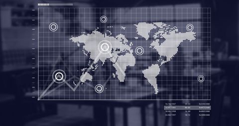 Visual of a digital world map with graph overlay, representing global business connections and data processing. Ideal for illustrating concepts in business technology, financial analysis, global networking, and digital transformation in presentations and marketing materials.