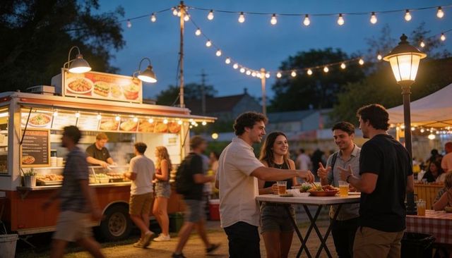 Friends chatting at dusk food truck festival under string lights, casual outdoor hangout