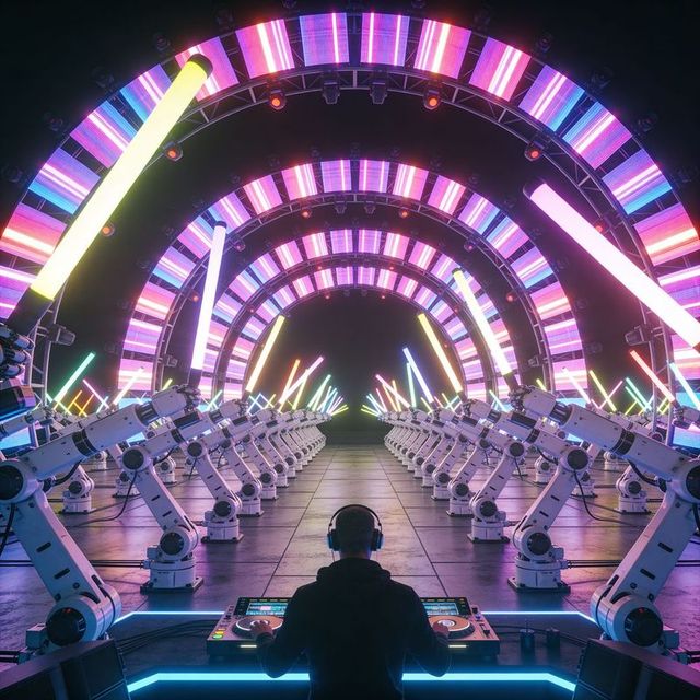 Dj mixing on futuristic neon stage with synchronized robotic arms and led arches